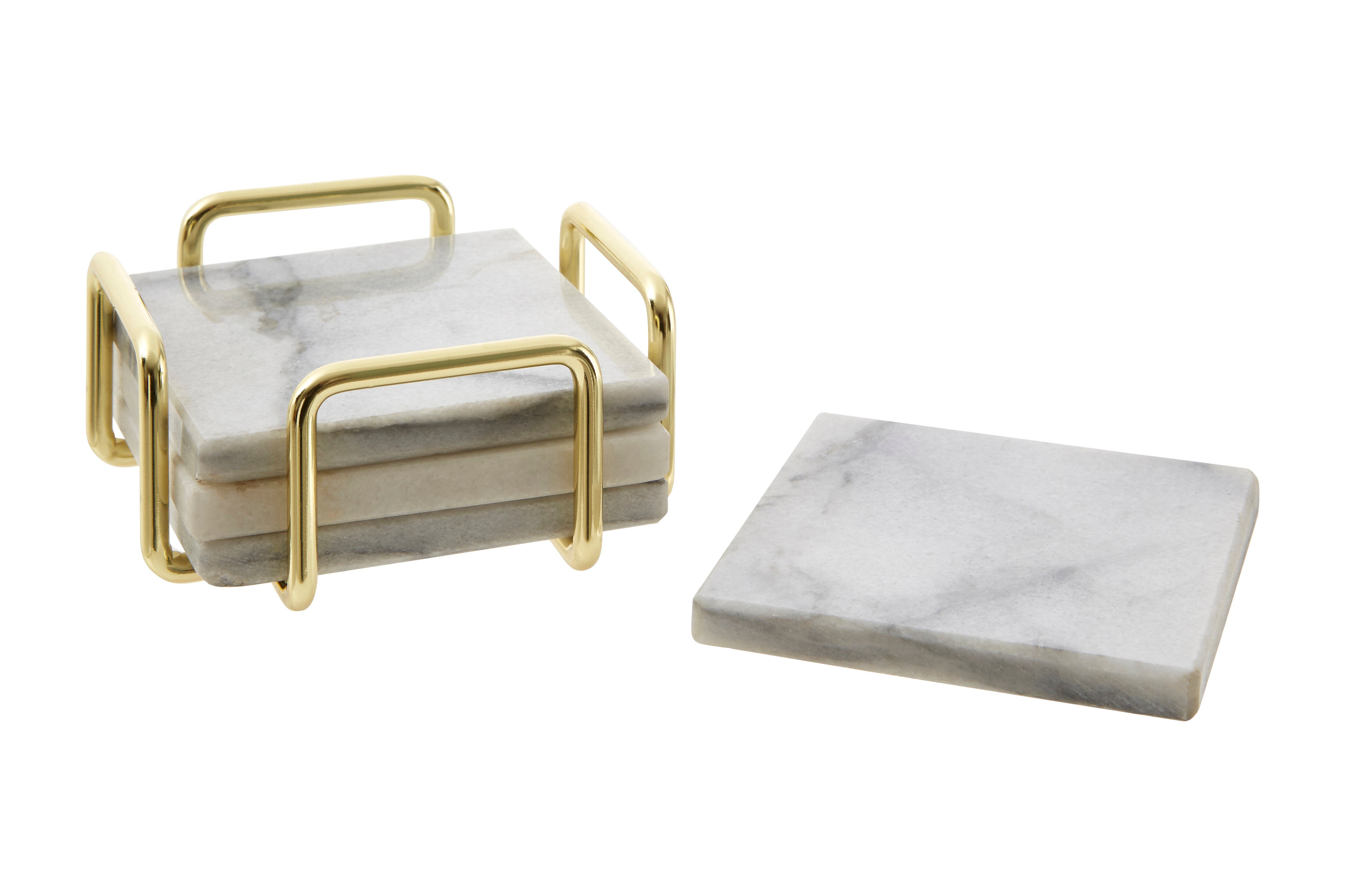 Set of 4 Trevi White Marble Coasters with Brass Finish Holder